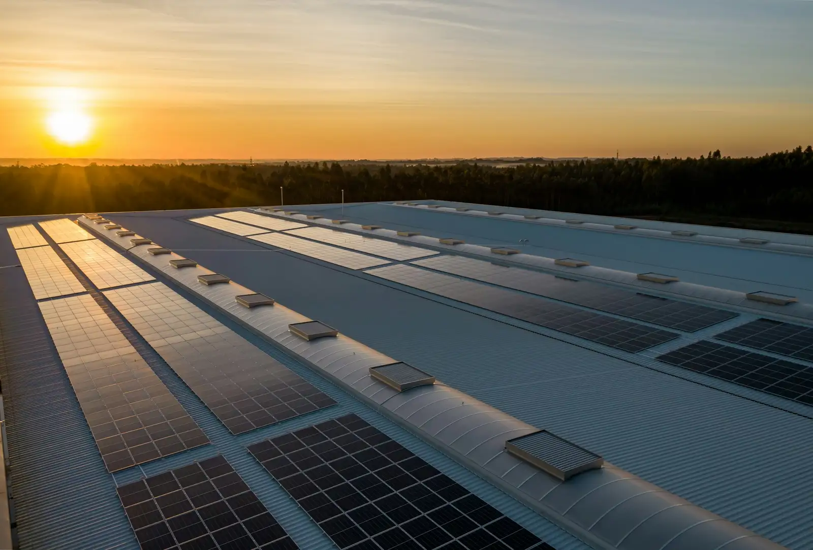Solar panels on a large commercial roof at sunset