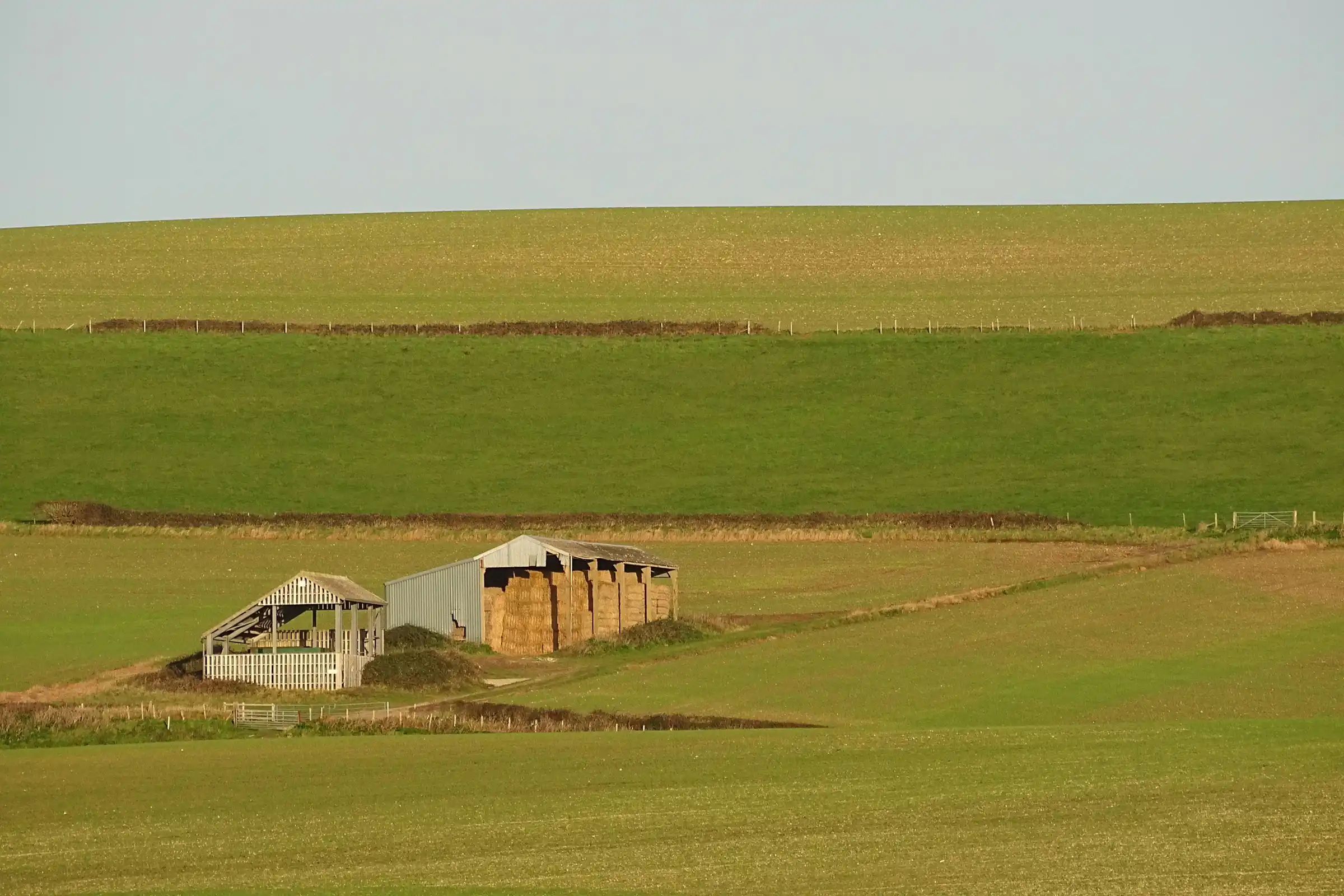 Open Dorset farmland with a hay barn near West Lulworth