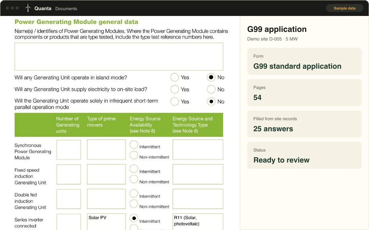 G99 application form for a demo site, with generating unit answers filled in and marked ready to review