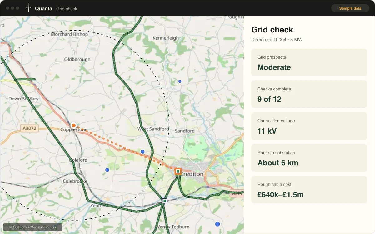 Grid check screen: map of a demo site with network lines, the suggested cable route to the substation and the grid verdict