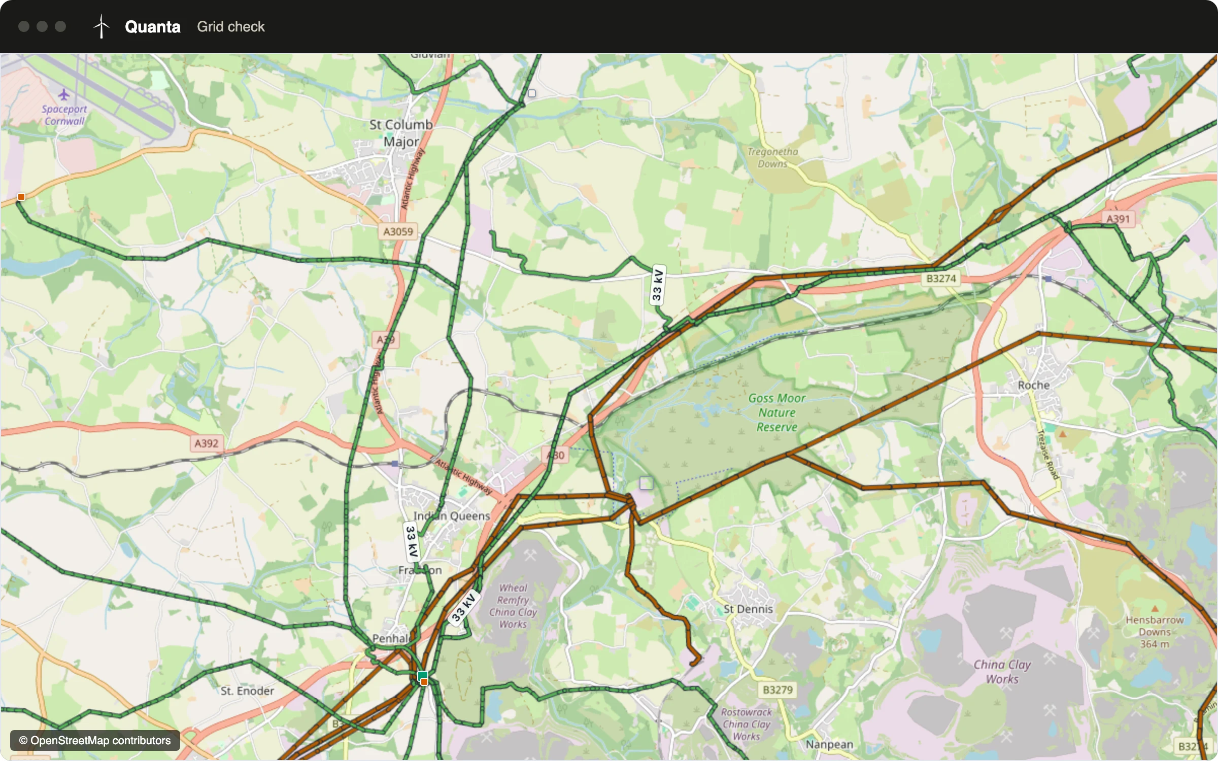 Grid map from our software around Indian Queens and St Dennis, Cornwall, showing local and higher-voltage power lines and substations