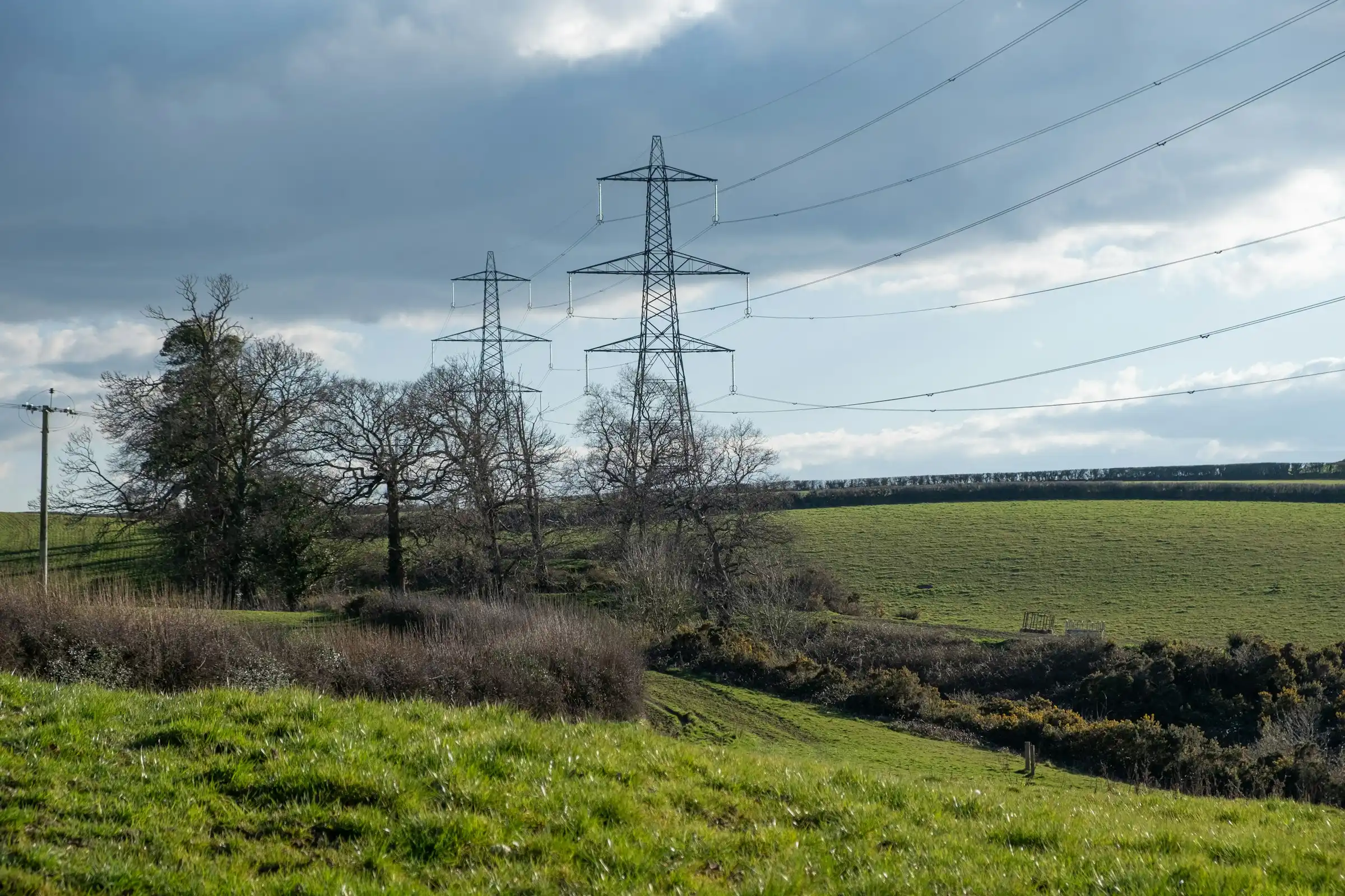 Electricity pylons and power lines crossing green fields and hedgerows