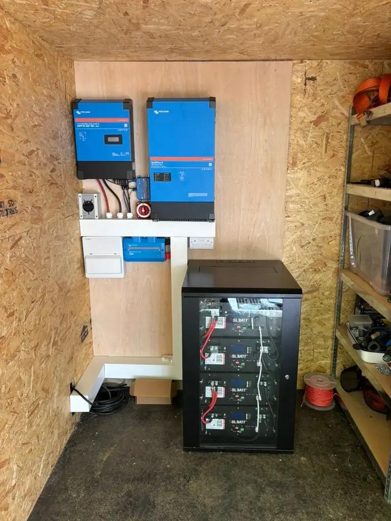 Victron off-grid system with inverter, solar charge controller and a lithium battery rack in a plant room