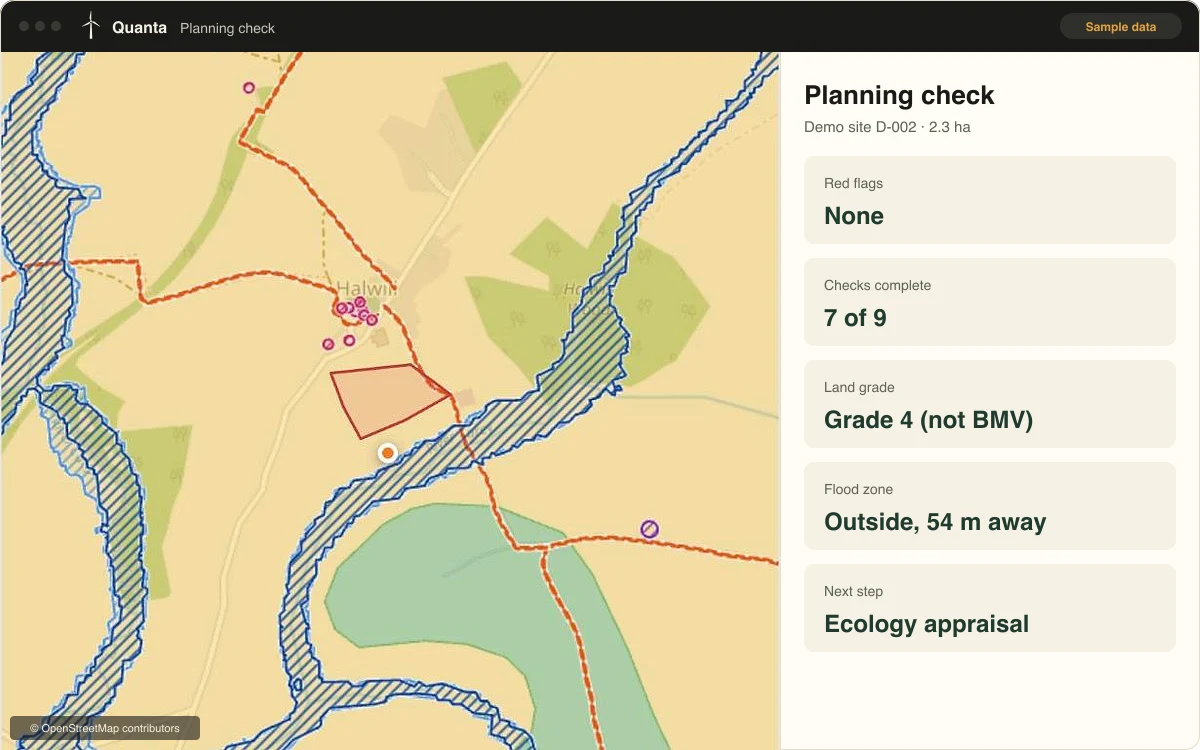 Planning check screen: map of a demo site with land grade, flood zones, footpaths, listed buildings and other constraints around it, and the planning results