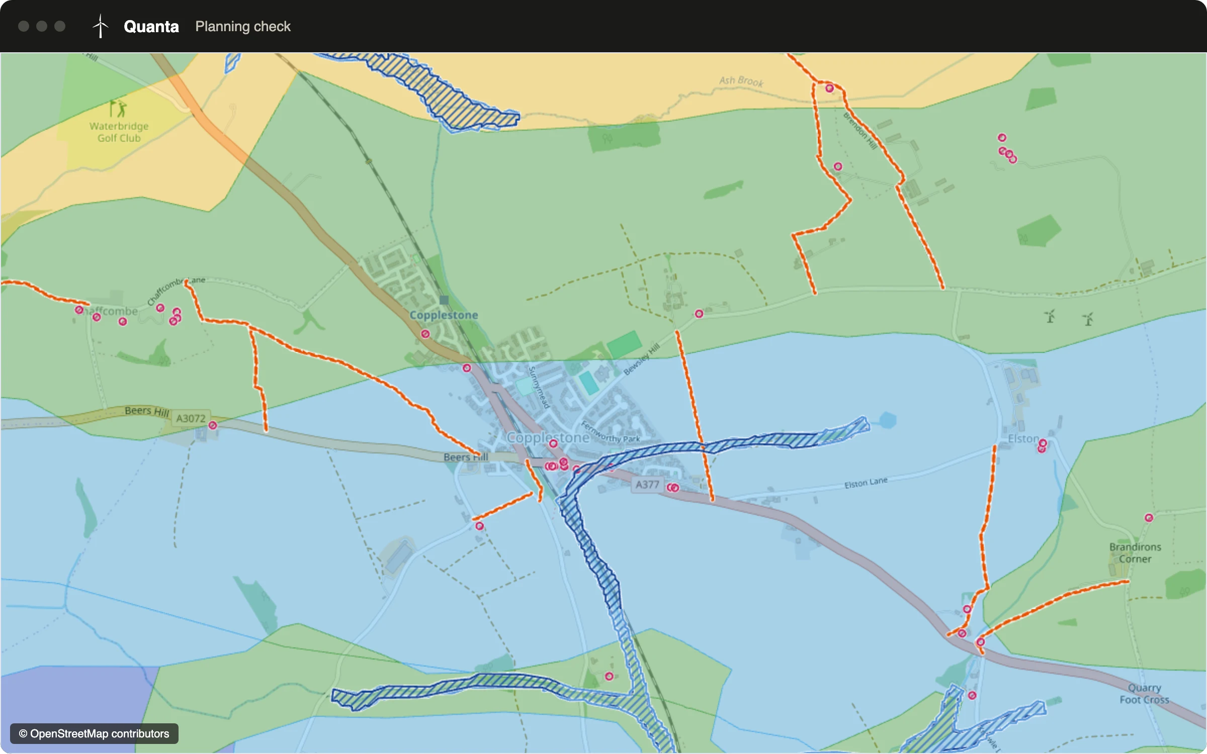 Planning map from our software around Copplestone, Devon, showing land quality bands, flood zones, footpaths and listed buildings