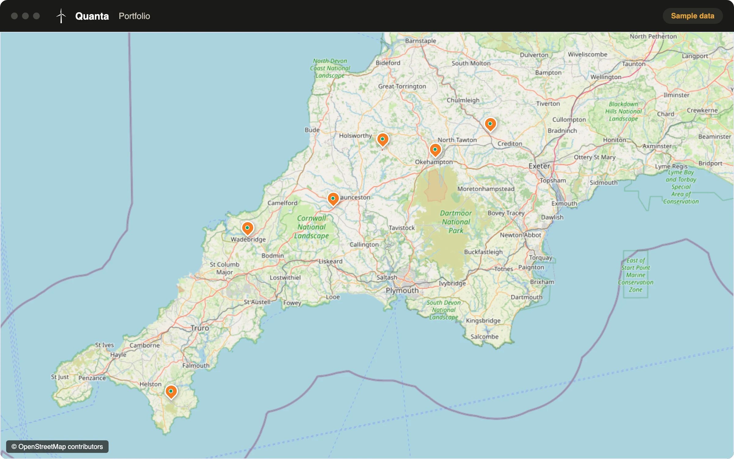 Portfolio map from our software showing six sample sites across Devon and Cornwall