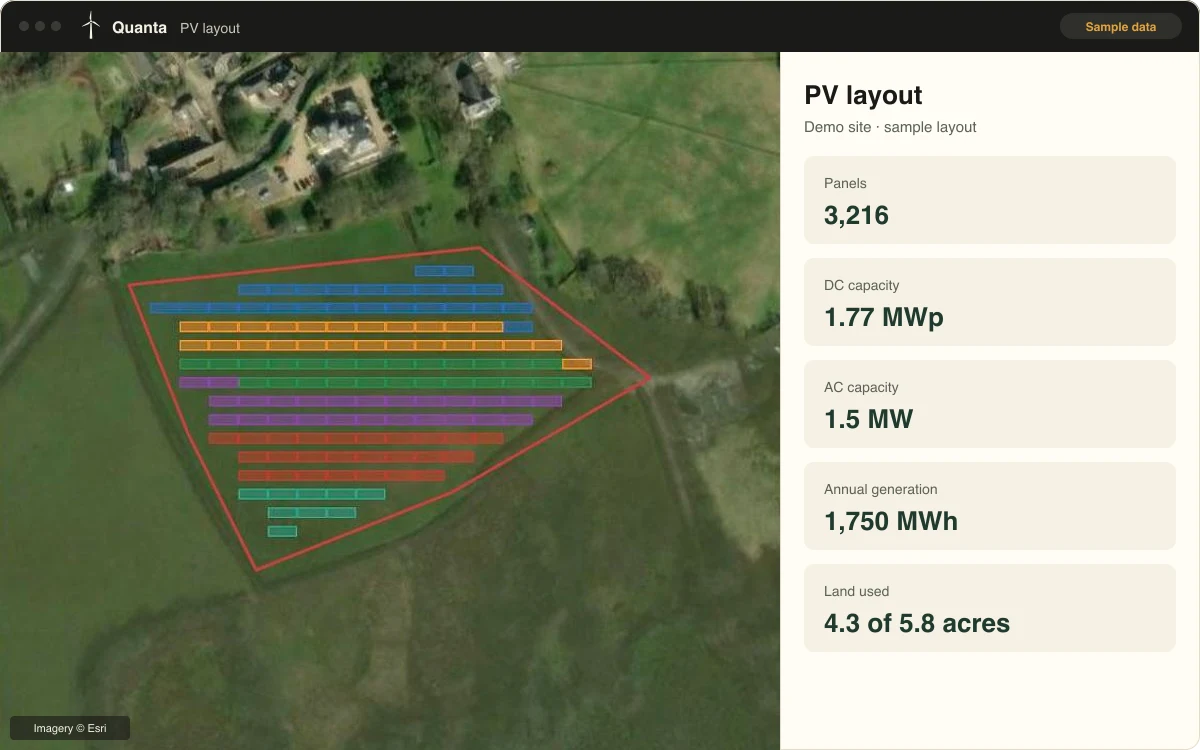 PV layout screen: panel rows packed inside a field boundary on satellite imagery, with panel count, capacity and annual generation for a demo site