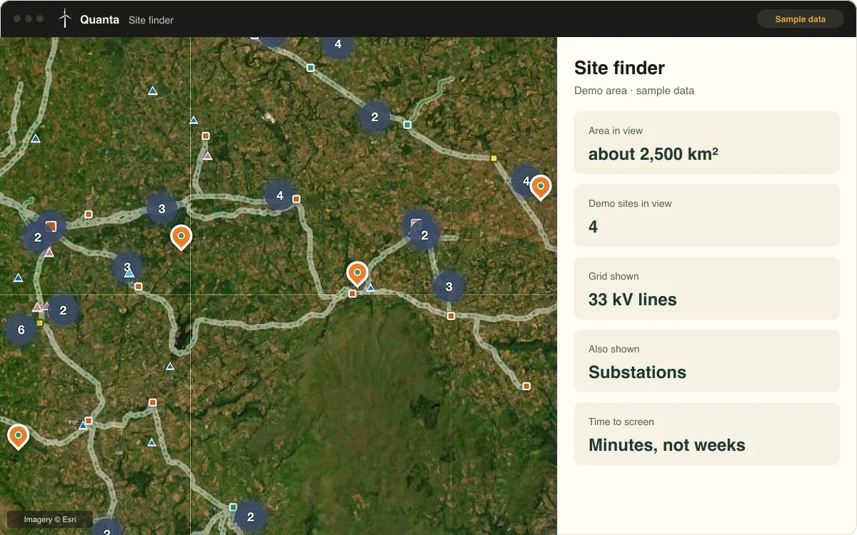 Site finder screen: satellite map of Devon with 33 kV network lines, substations and demo site pins