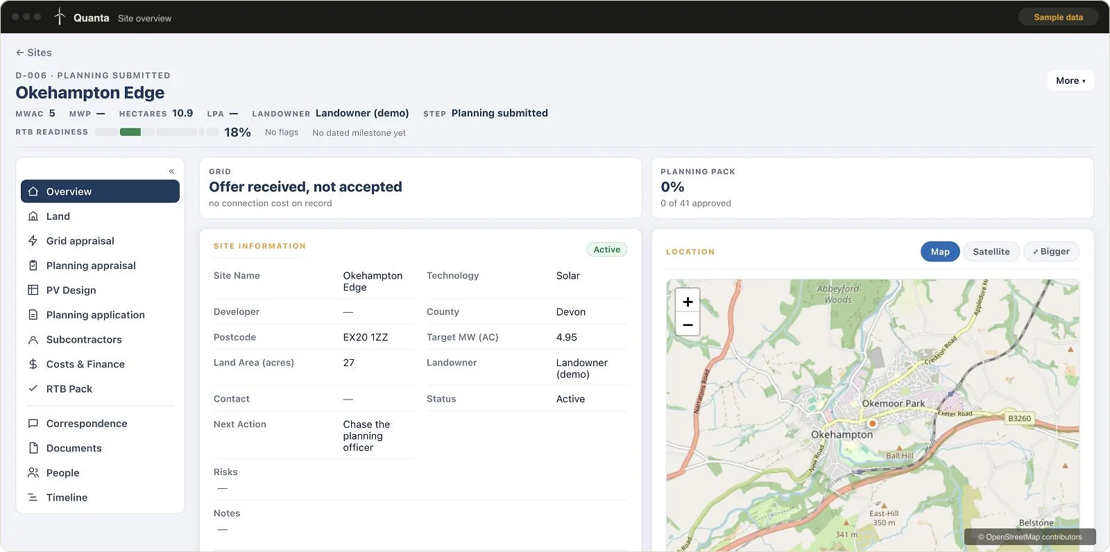 Site overview screen for a demo solar site: planning submitted, grid offer received, RTB readiness, site details and a location map